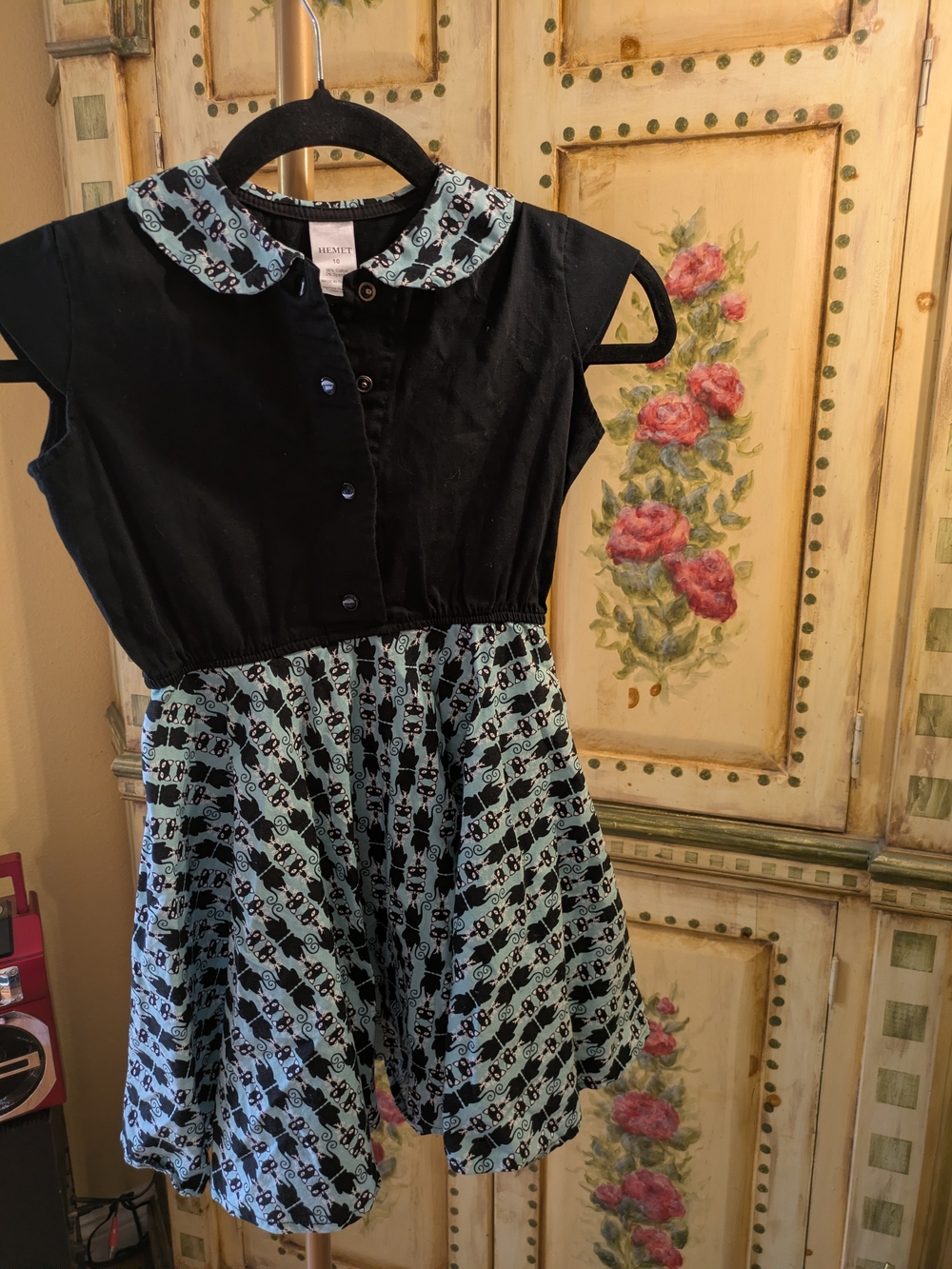 Blue and Black Kids Dress with Patterned Skirt Cats Sz 10 1950s Style